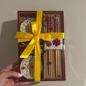 Floral Chopstick and Bowl Set with Yellow Ribbon